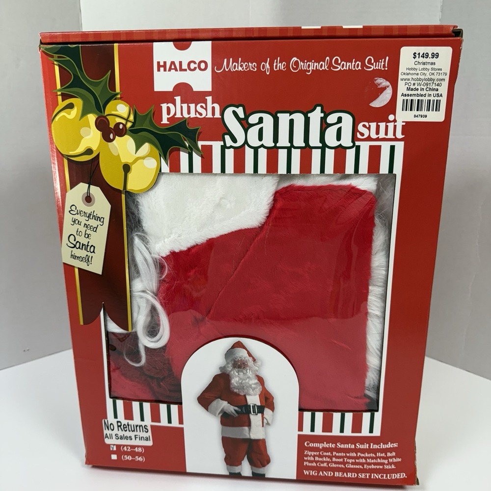 HALCO Plush Santa Suit Claus Costume W/ Accessories Christmas Adult Size 42-48